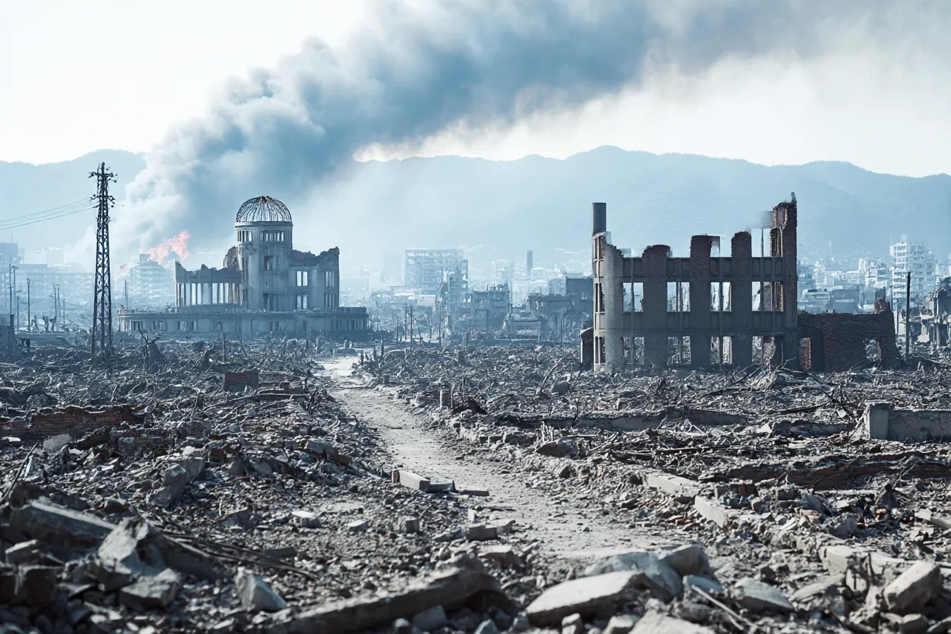 都市廃墟と爆煙の戦場背景｜崩壊した都市と燃え続ける炎が広がる戦場背景。焦土と化した市街地が圧倒的なスケールで描かれ、戦争の無情さと緊迫感を強調する。