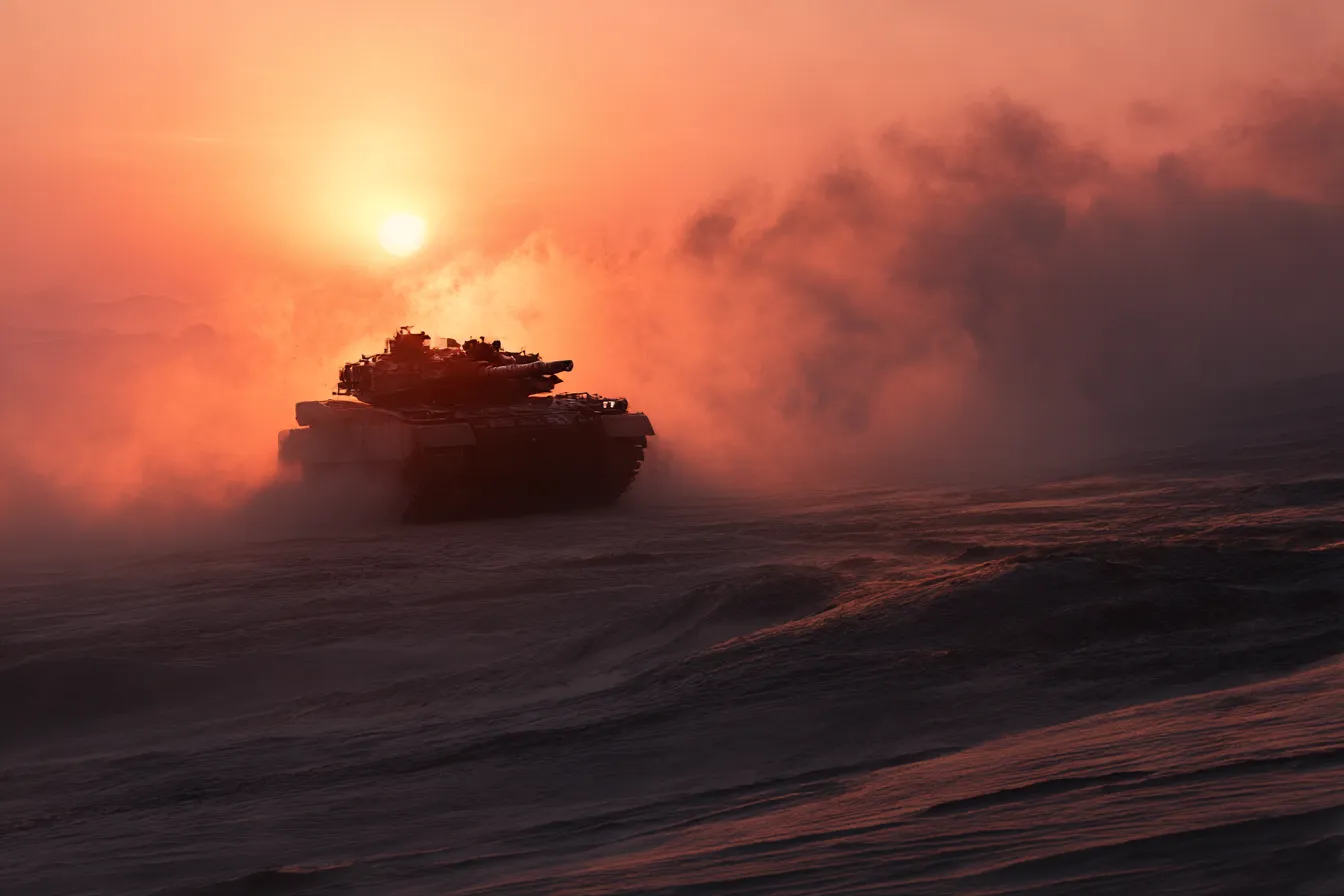 砂嵐と戦車の夕暮れ戦場背景｜赤く染まる夕暮れの中、砂塵を巻き上げながら進む戦車が印象的な戦場背景。劇的な色調と光の表現が臨場感を引き立てる。