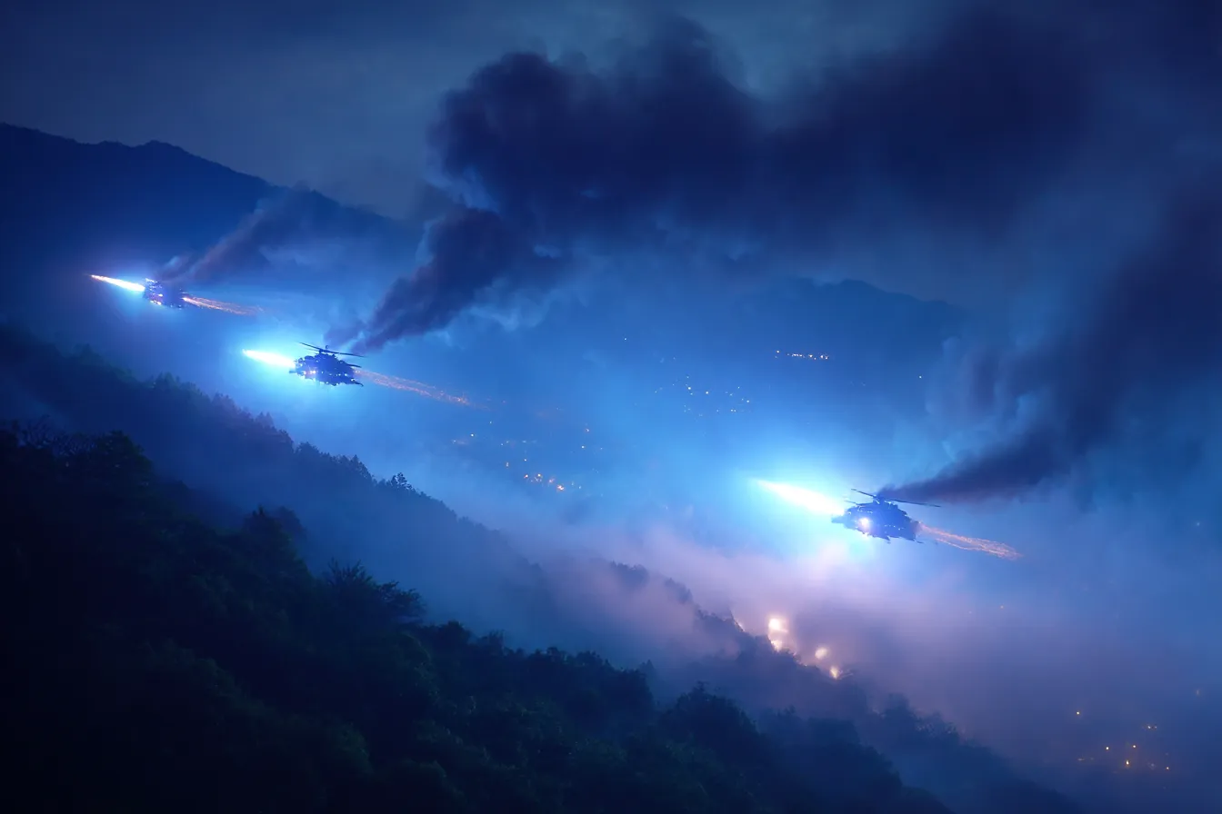 夜間奇襲のヘリ編隊戦場背景｜濃霧の山中を飛ぶヘリ部隊を描いた戦場背景。蒼い光と煙、炎の軌跡が戦闘の緊迫感を演出し、ハイテク戦の冷たさと迫力を強調する。