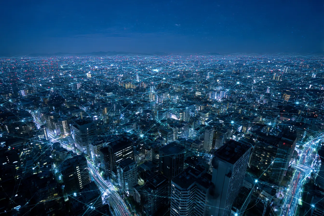 夜景都市ネットワークのサイバーパンク背景｜都市全体が光のネットワークに包まれた近未来的なサイバーパンク背景。情報が交差するようなビジュアルで、都市の高度情報化を象徴。