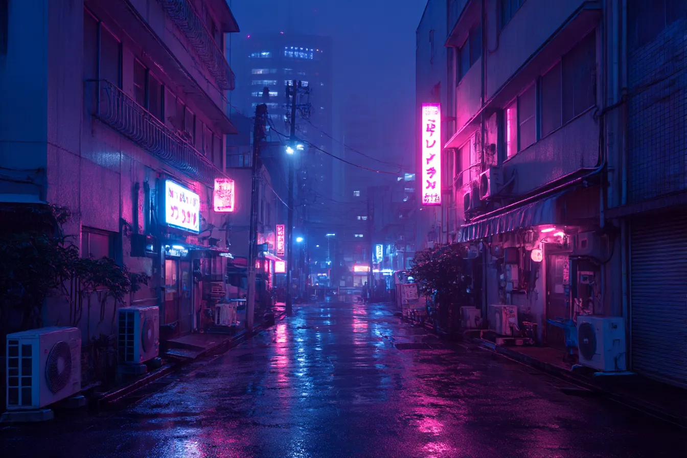 ネオン街と雨の夜のサイバーパンク背景｜濡れた路面にネオンが反射する、退廃的な雰囲気のサイバーパンク背景。レトロと近未来が交差するディストピア的な美しさ。