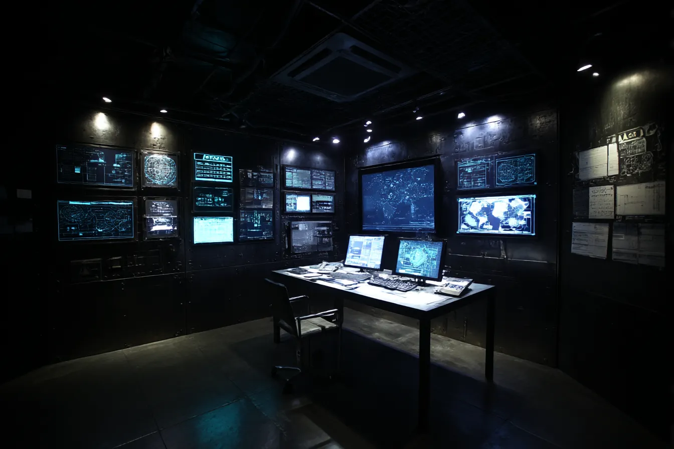 暗黒指令室のモニターサイバーパンク背景｜黒を基調に多数のディスプレイが光る指令室風のサイバーパンク背景。機密空間やハッキングシーンに最適なサスペンス感のある空間。