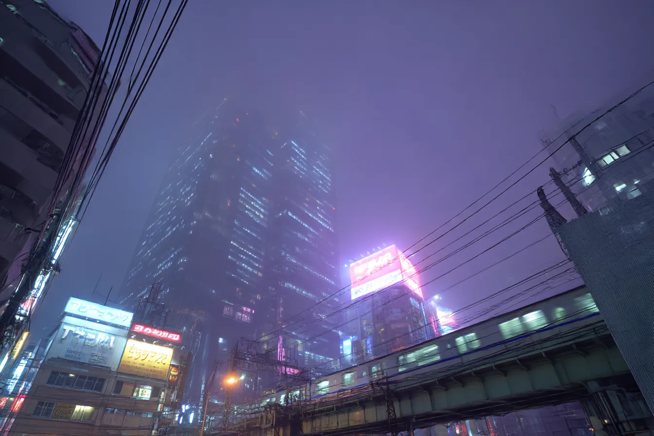 霧と列車が交錯する都市サイバーパンク背景｜高層ビルと濃霧、光の中を走る列車が印象的なサイバーパンク背景。情報密度の高い都市の混沌を叙情的に描くスタイル。
