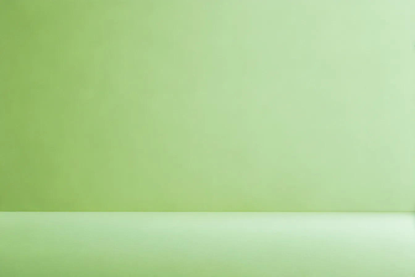 ライトグリーン背景・床付き空間構成１｜床面と背面の区切りがあるライトグリーン背景。明るく自然な室内空間を演出し、立体的なキャラクターや物体の配置に適している。