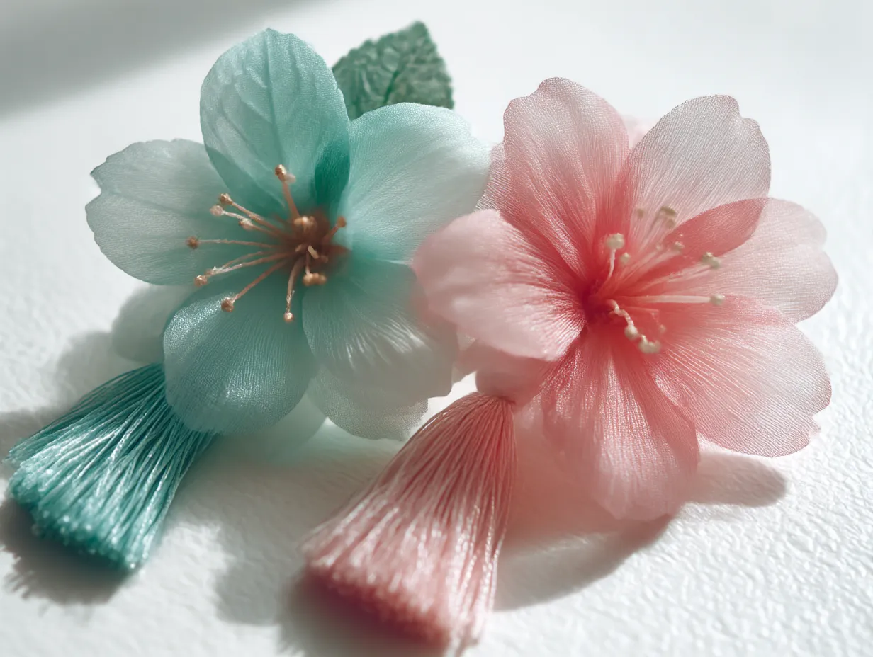ピンクに合う色と花モチーフの組紐飾り｜透け感のある桜の花びらを模した淡いピンクとミントブルーの組紐飾りが、繊細で優しい雰囲気を演出。ピンクに合う色としてのミントは、清涼感と可憐さを同時に引き立てる色合いです。