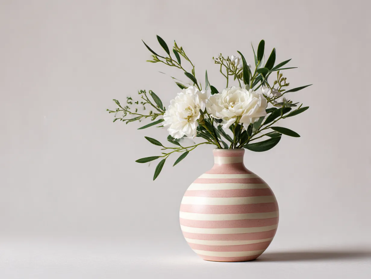 ピンクに合う色とストライプの花瓶｜ナチュラルピンクと生成りのストライプ花瓶に、白い花とグリーンの葉が生けられたアレンジメント。ピンクに合う色としてのオフホワイトとグリーンが自然な落ち着きを与え、品のある癒しの空間を演出します。