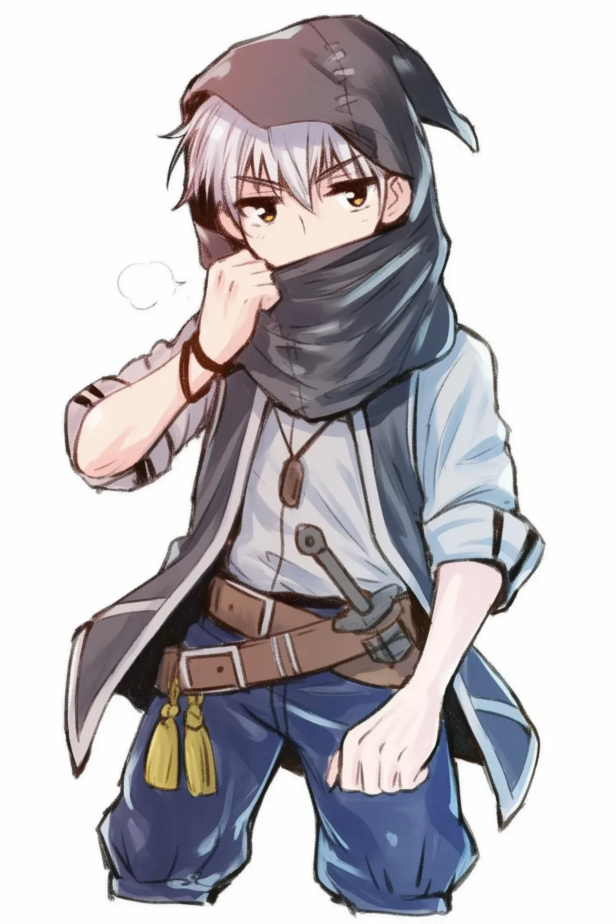 フードの剣士盗賊｜優雅で洗練されたタッチで描かれた盗賊。淡い色調のフードと柔らかな布の動きが、彼の冷静な性格を際立たせている。