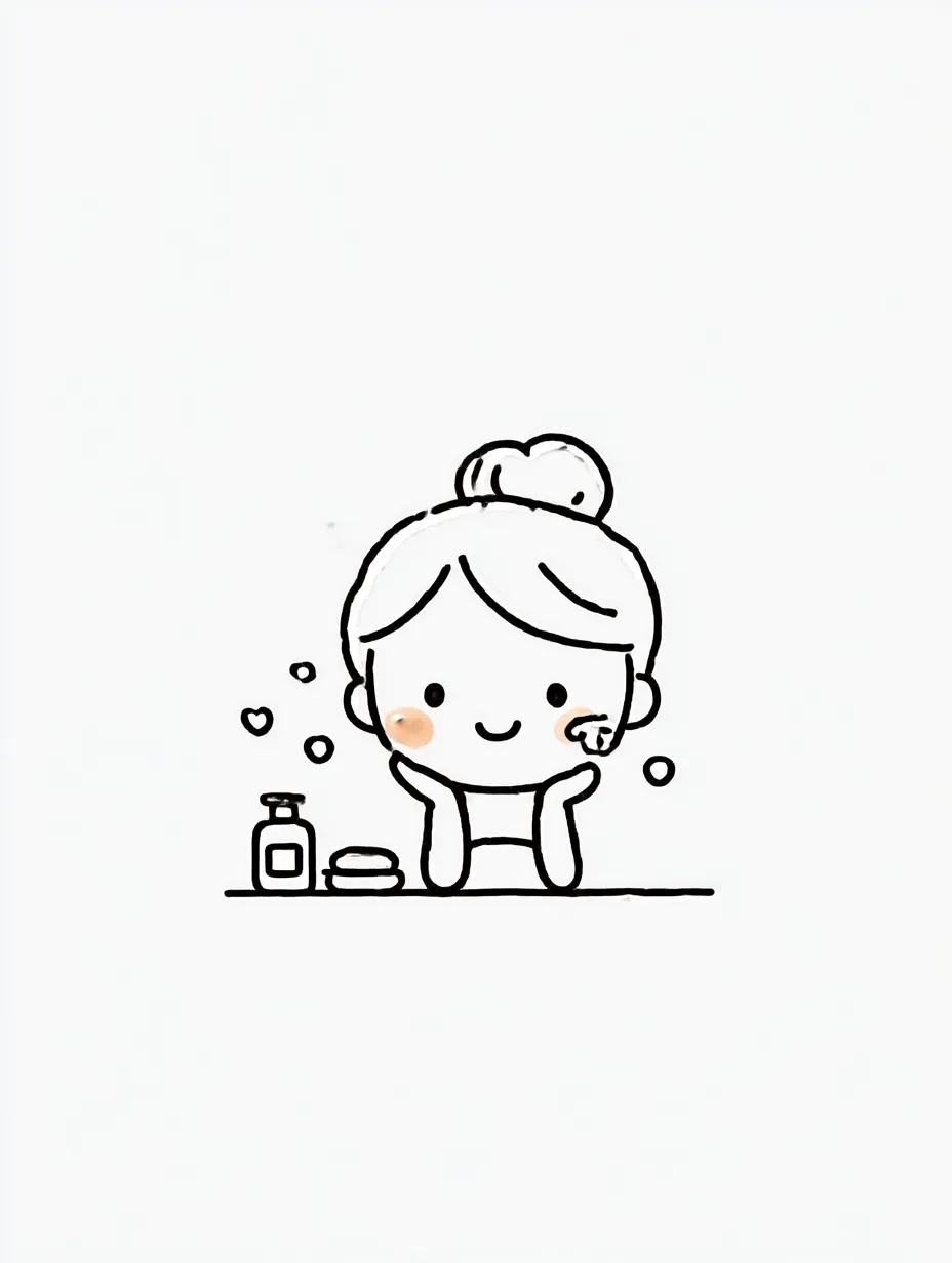 スキンケアのひととき｜シンプルな線で描かれたキャラクターが頬にクリームをのせる様子が愛らしく表現されている。小瓶やハートのモチーフが加わり、スキンケアの楽しさと心地よさが温かい雰囲気で伝わる一枚になっている。