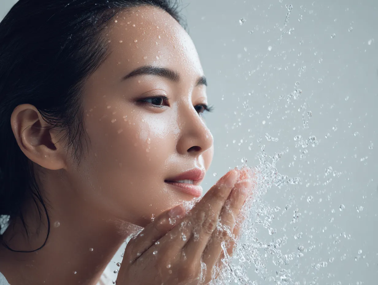 洗顔写真の水滴｜水しぶきが頬に散る瞬間を捉えた洗顔写真。滴る水滴と横顔のラインが調和し、清涼感と自然な美しさを強く感じさせている。