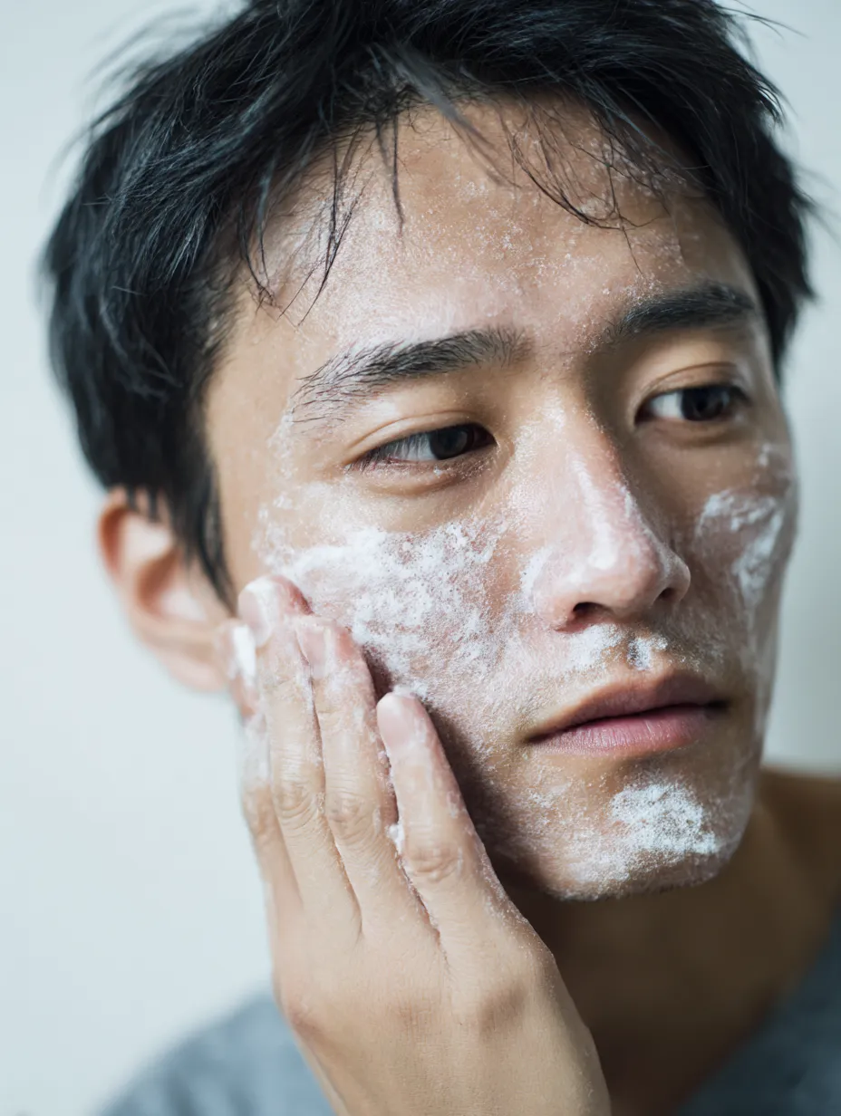 洗顔男性写真の静けさ｜頬に広がる泡と落ち着いた表情が印象的な洗顔男性写真。柔らかな光が肌の質感を際立たせ、静けさと清潔感を漂わせている。