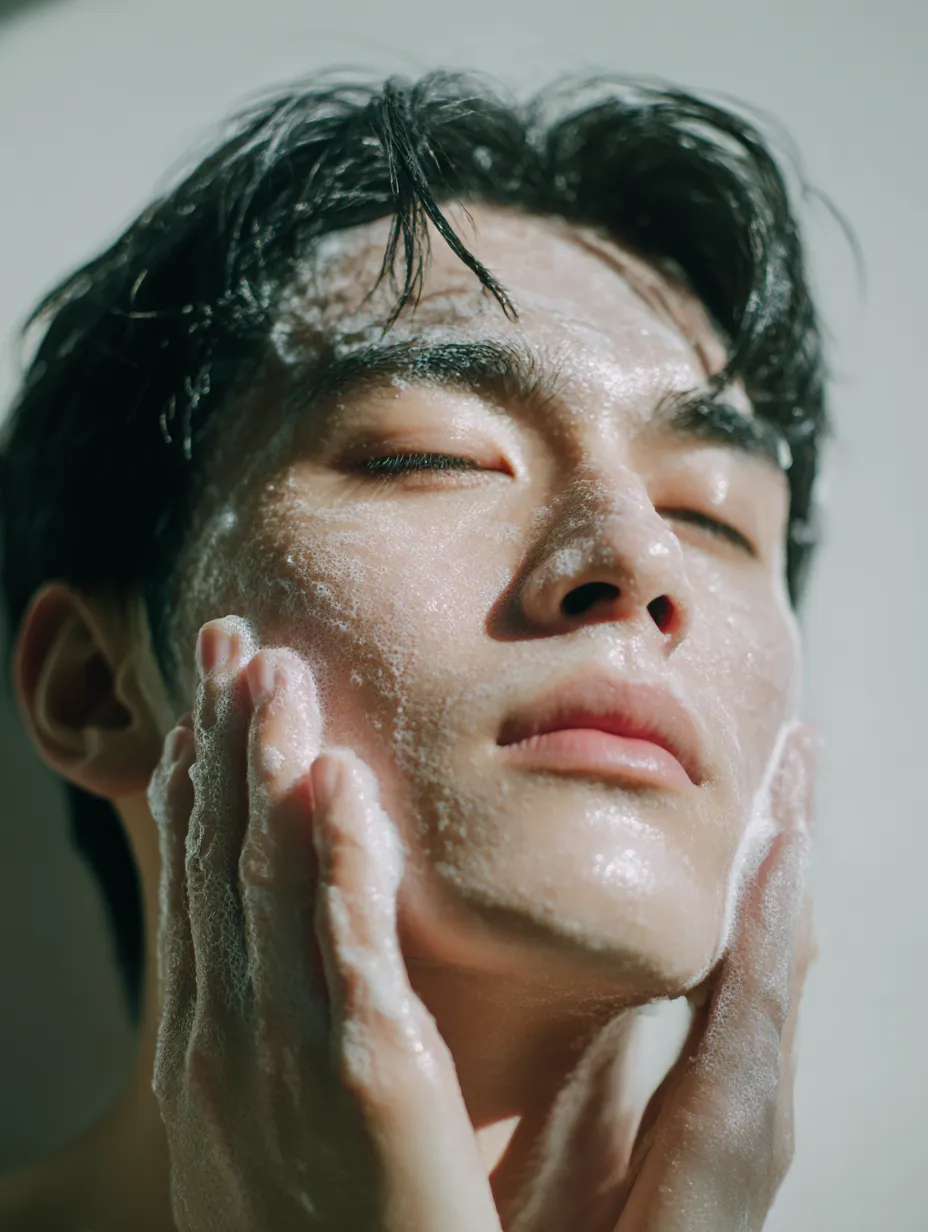 洗顔男性写真の光彩｜光を浴びながら泡をなじませる姿が映える洗顔男性写真。目を閉じた安らかな表情と泡の輝きが、清々しい雰囲気を描き出している。