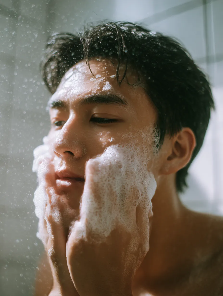 洗顔男性写真の清涼｜水滴が肌に散り、泡と光が重なり合う洗顔男性写真。浴室の空気感とともに、清涼で爽やかな雰囲気を鮮やかに表現している。