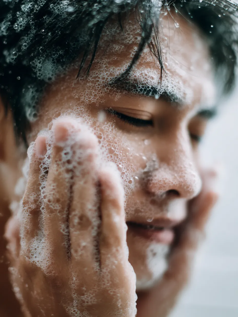 洗顔男性写真の滴影｜顔を覆う泡と滴る水が印象的な洗顔男性写真。泡の層が複雑な陰影を生み、深みのある表情と清潔感を融合させている。