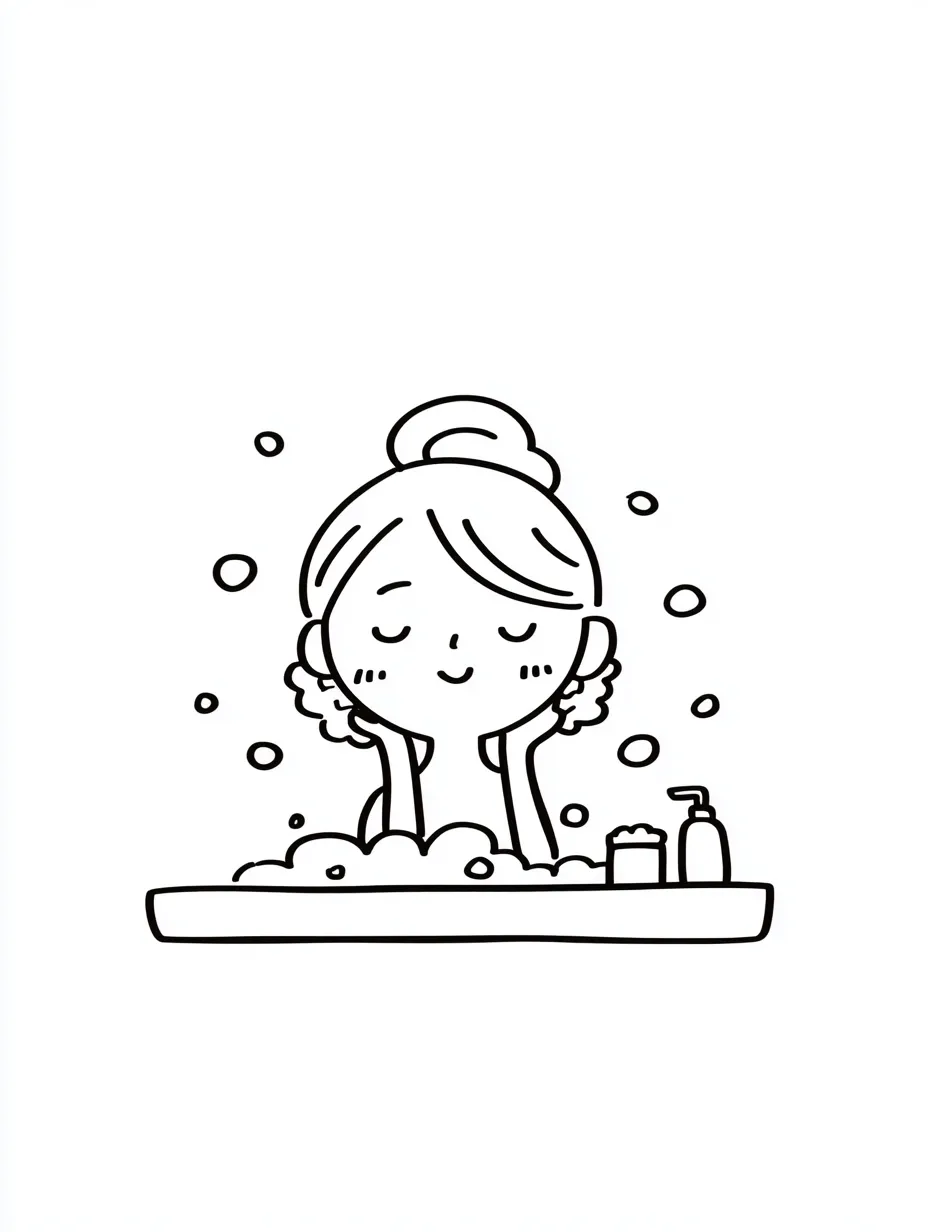 泡いっぱいの洗顔｜シンプルな線画で描かれたキャラクターが泡に包まれ、両手で頬を支える姿が愛らしい。洗顔の心地よさと清潔感が泡の量で強調され、日常のひとときをやさしく表現している。
