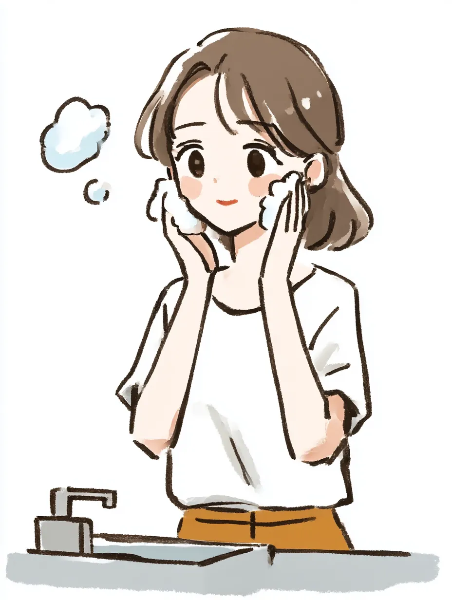 洗顔する朝の習慣｜白いTシャツ姿の女性が洗面台で泡を頬にあてる姿が柔らかい色合いで描かれている。軽やかな表情と泡の浮遊感が、洗顔による爽やかさと生活の自然なリズムを感じさせている。