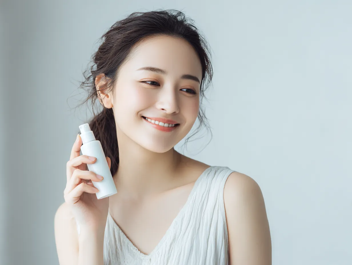 化粧水写真のやわらぎ｜化粧水を手にした女性の写真は、柔らかな笑顔と淡い色調の背景が重なり、清潔感と爽やかさが自然に表現されている。