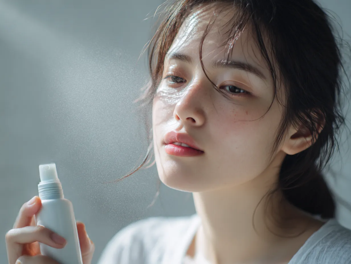 化粧水写真の潤い｜顔に化粧水のミストが広がる瞬間を捉えた写真は、繊細な水滴の描写と真剣な眼差しが瑞々しい質感を鮮やかに浮かび上がらせている。