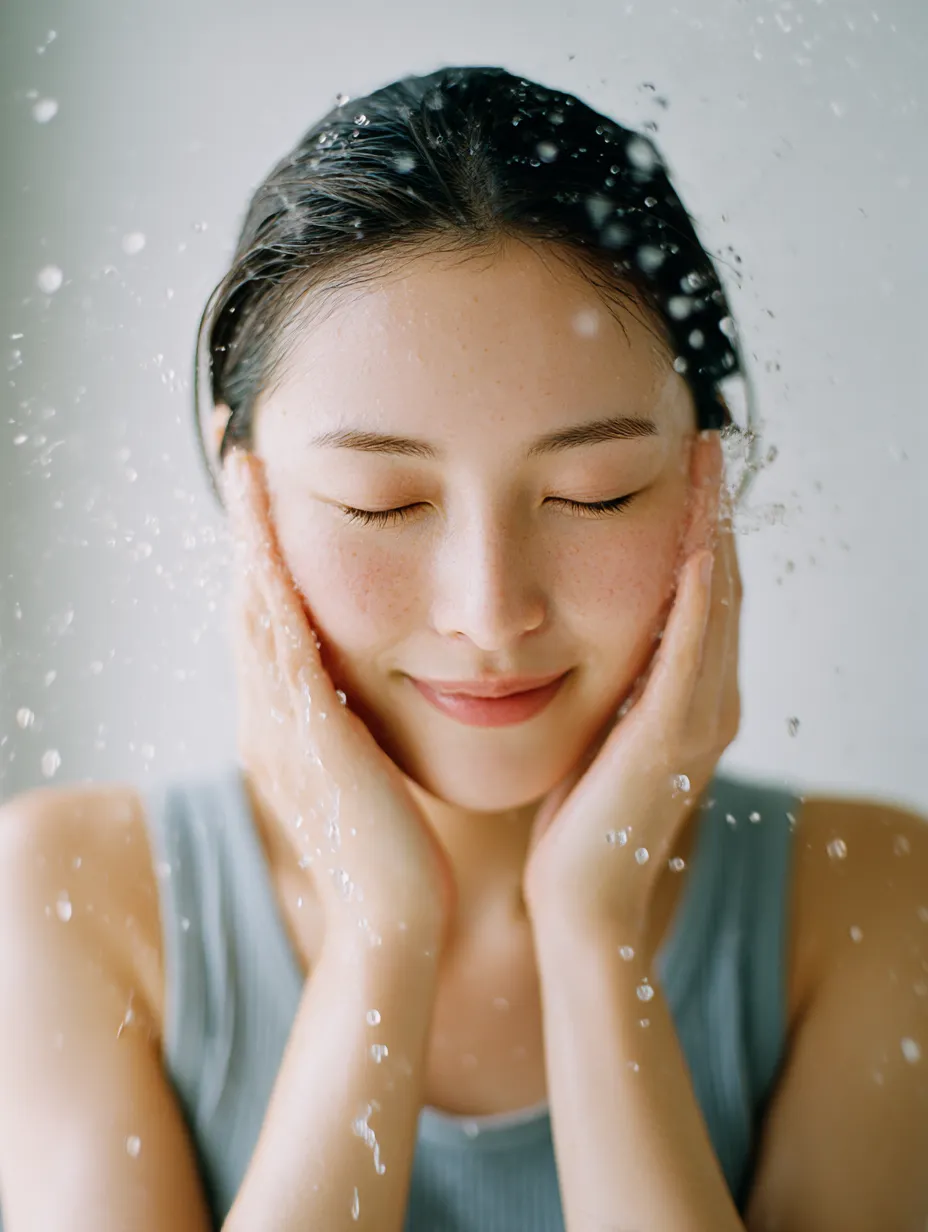 化粧水写真の清涼感｜水しぶきを浴びる女性の写真は、閉じた瞳と微笑の表情に爽快さが漂い、化粧水の清涼感をそのまま映し出している。