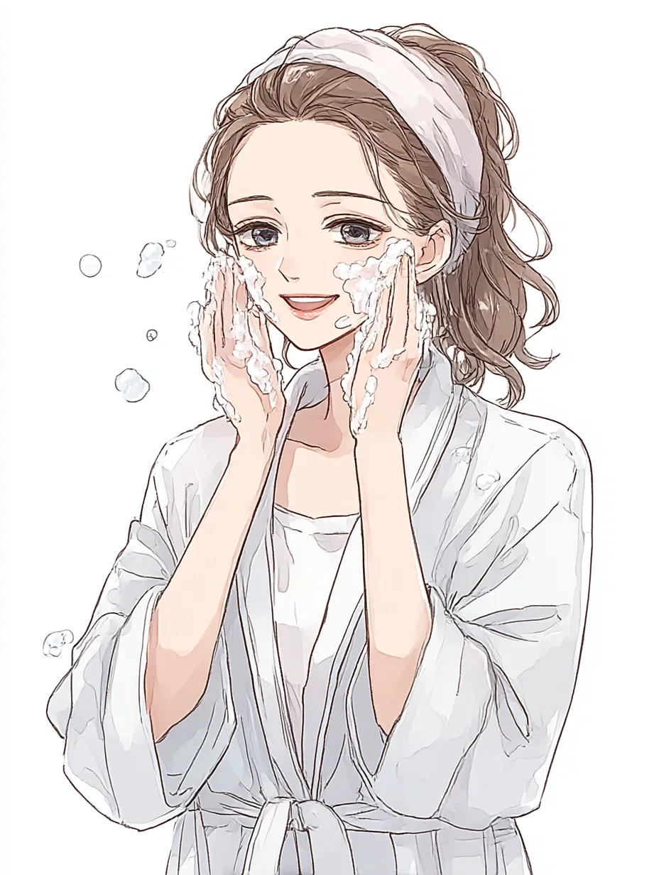 リラックスした洗顔時間｜ターバンをつけた女性がローブ姿で泡を頬に広げる様子が丁寧に描かれている。柔らかな線と落ち着いた色合いが、洗顔の心地よさとくつろぎの雰囲気を自然に表現している。