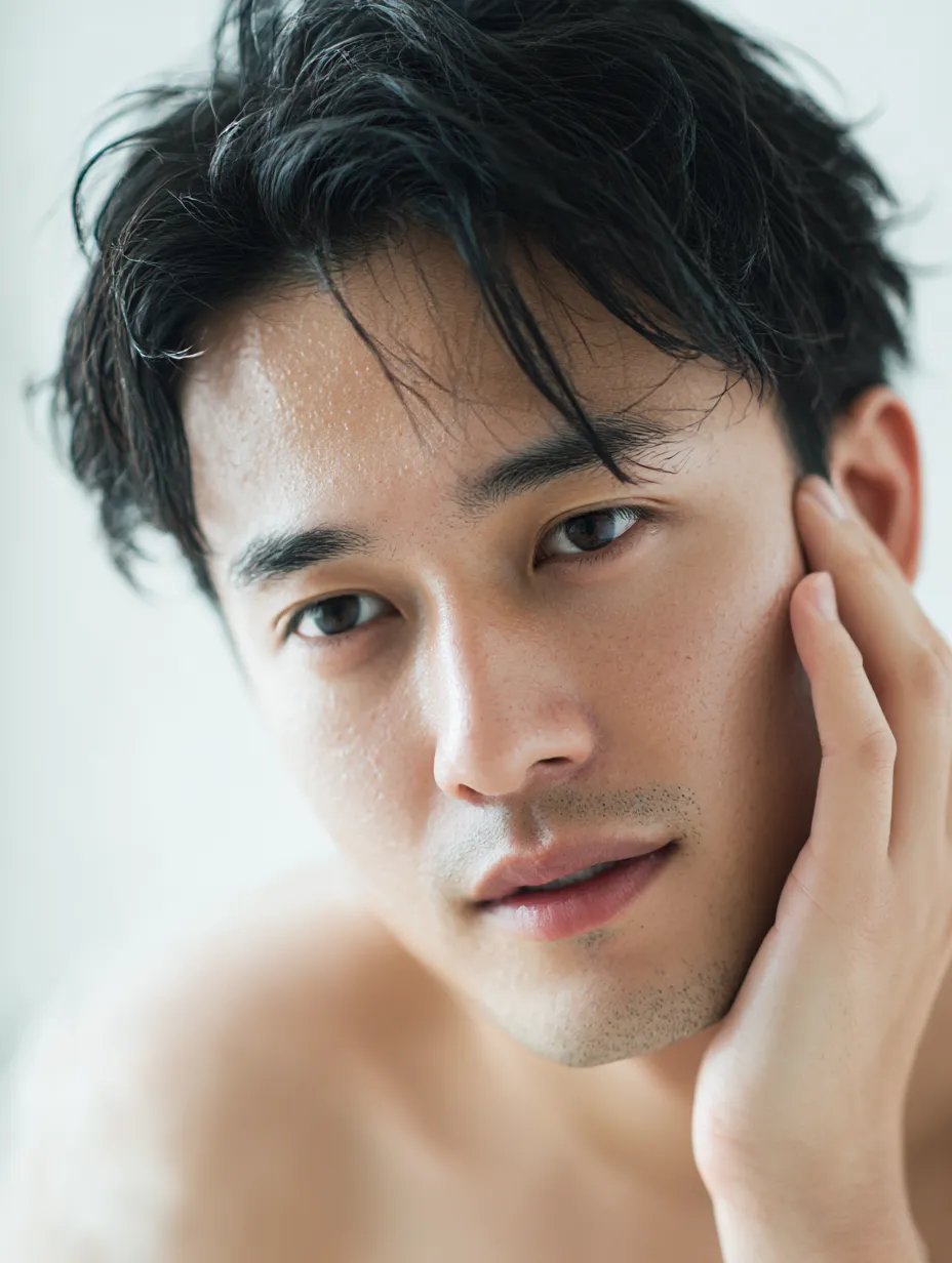 化粧水男性写真の清潔感｜化粧水をなじませた男性の写真は、肌のうるおいを捉える光と素朴な表情が合わさり、清潔感と自然な爽やかさを伝えている。