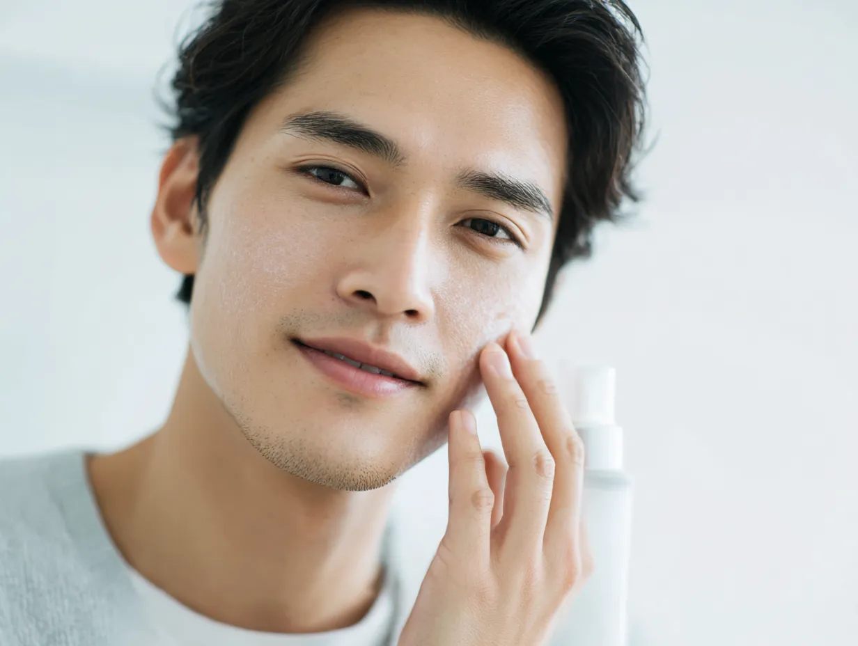 化粧水男性写真の穏やかさ｜化粧水を手にした男性の写真は、柔らかな笑みと白を基調とした背景が調和し、穏やかで落ち着いた印象を描き出している。