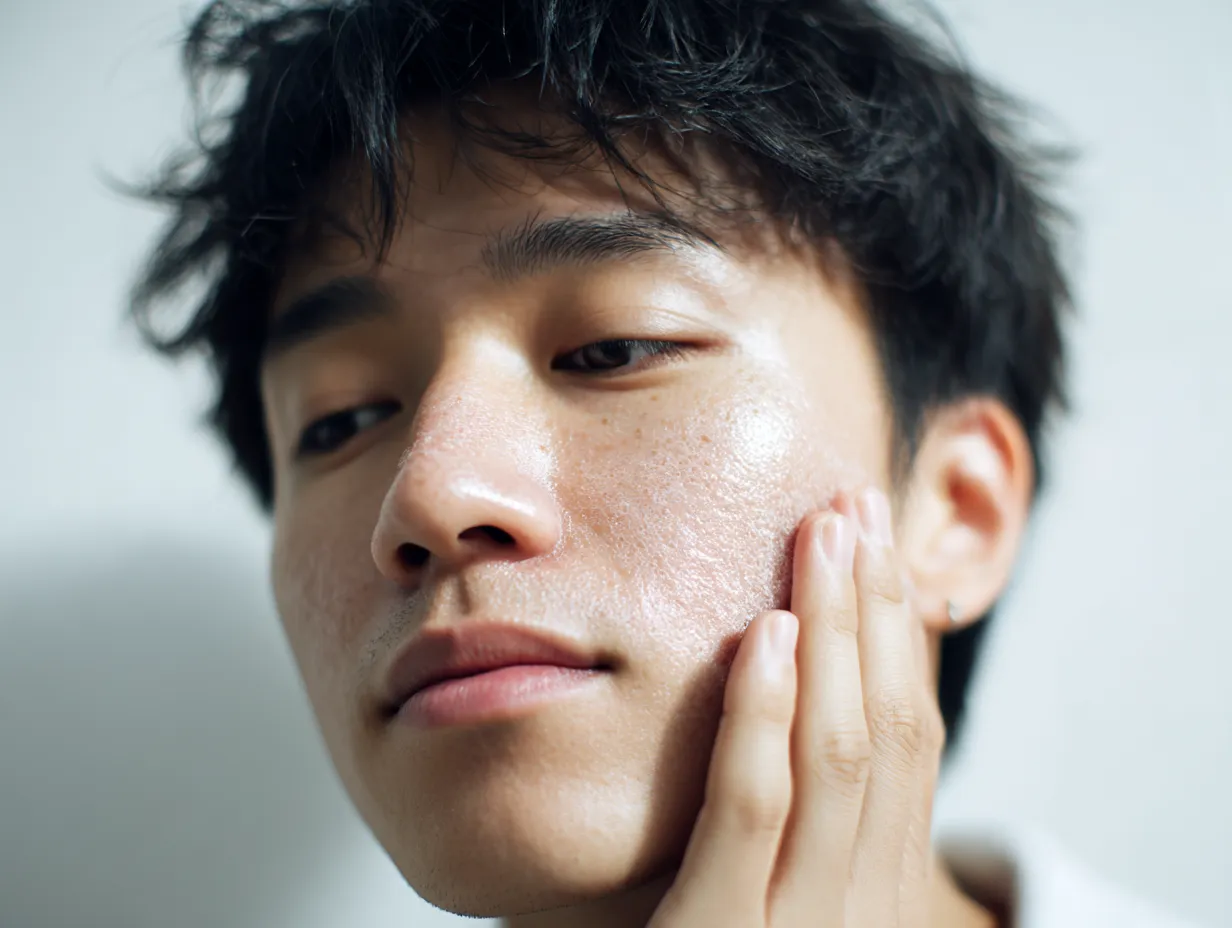 化粧水男性写真の質感｜頬に触れる仕草を捉えた化粧水を使う男性の写真は、肌の細やかな質感と光の陰影が重なり、素肌の存在感を鮮やかに際立たせている。