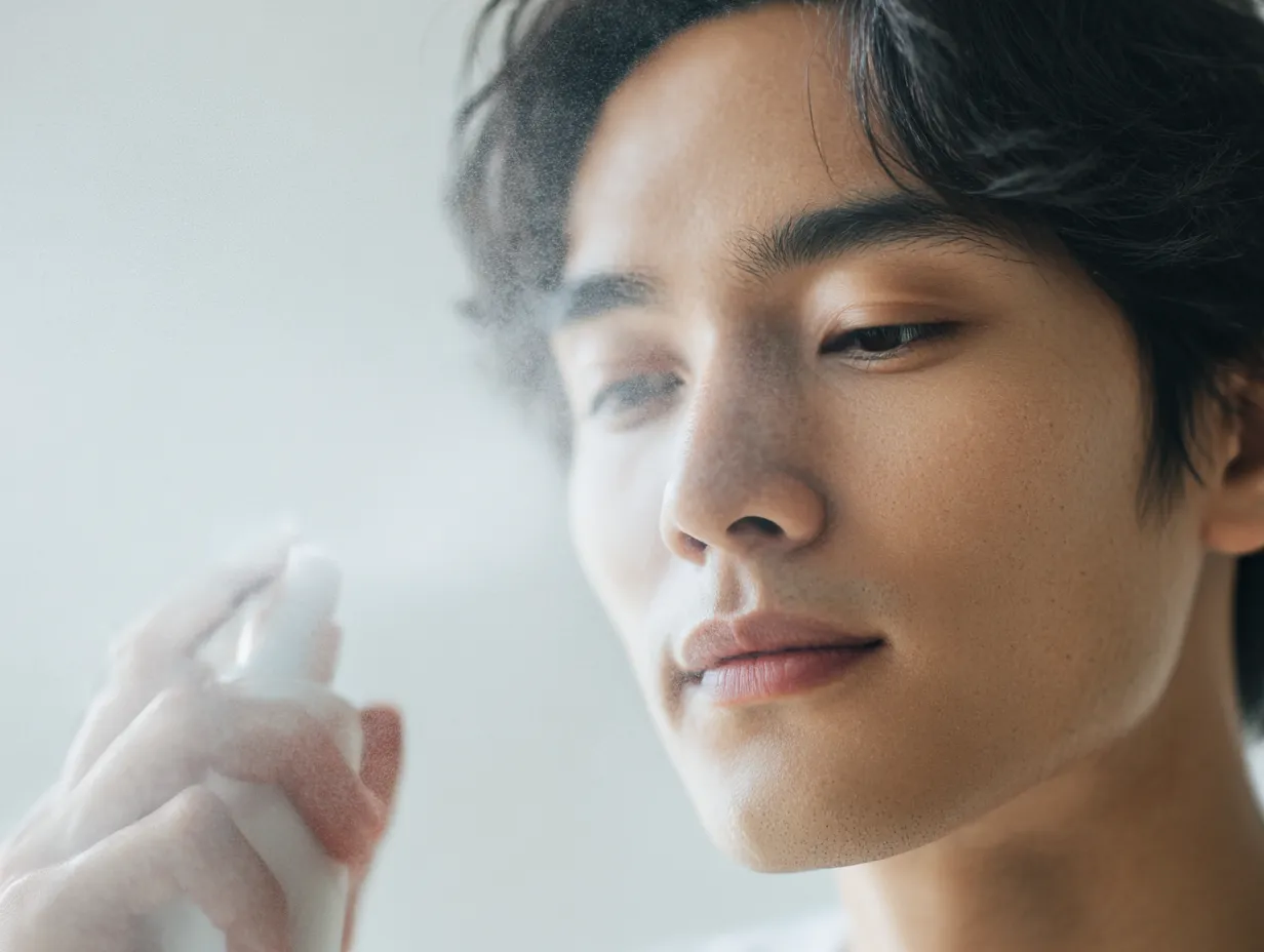 化粧水男性写真の透明感｜化粧水のミストを浴びる男性の写真は、きめ細やかな水滴の表現と穏やかな眼差しが組み合わさり、透明感ある印象を引き出している。