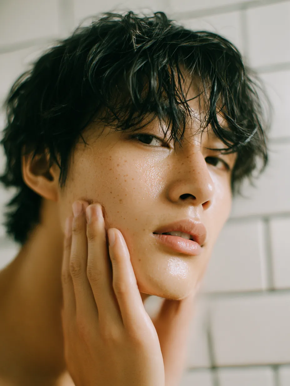 化粧水男性写真の濡れ感｜濡れた髪とともに化粧水の存在を思わせる男性の写真は、湿った光沢と落ち着いた視線が合わさり、力強さと繊細さを兼ね備えている。