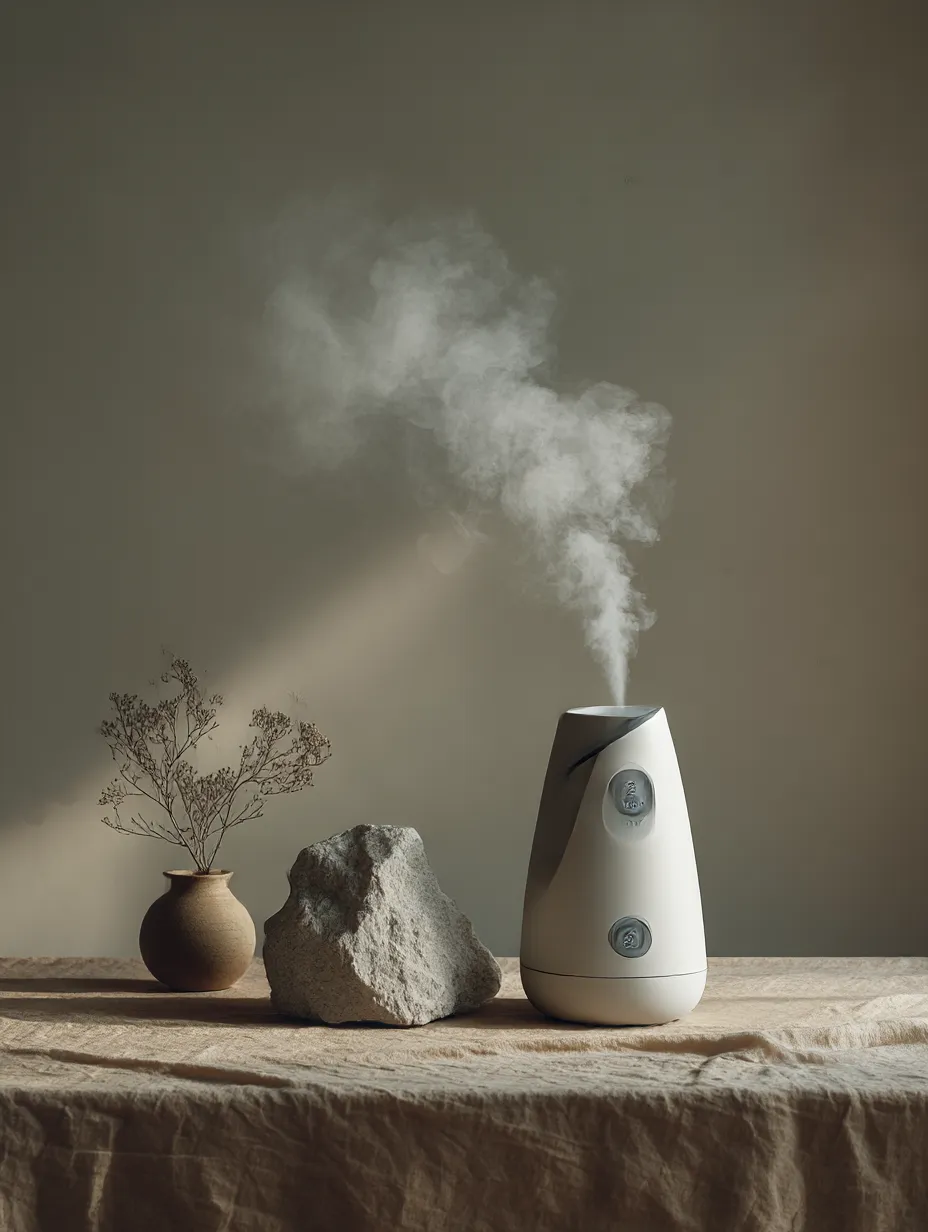 加湿器写真と自然の調和｜陶器のような質感の加湿器と石や花器が並び、自然素材との親和性を引き立てる。加湿器写真の中で蒸気が光を受けて浮遊感を増し、穏やかな時間を感じさせる。