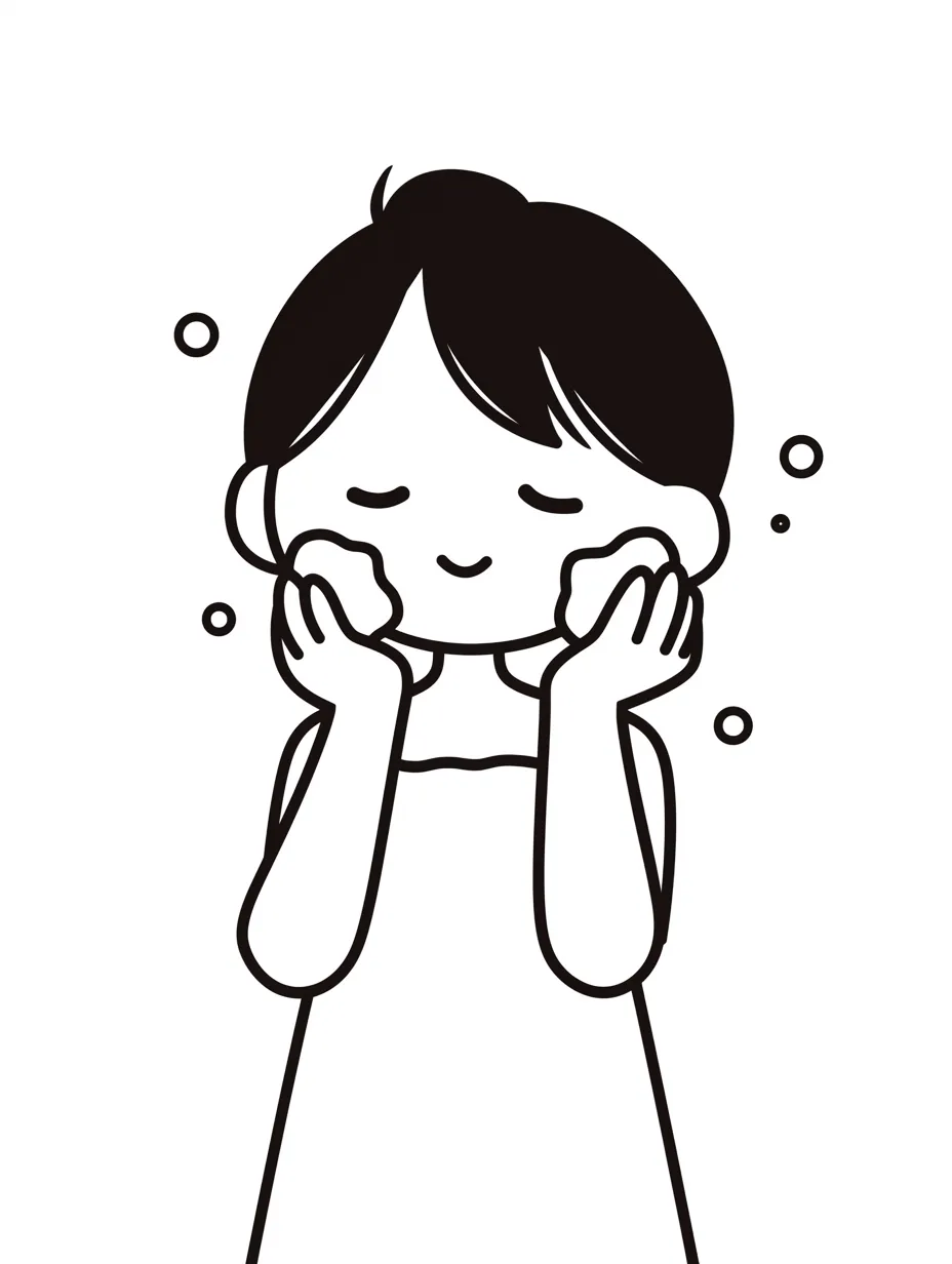 シンプルな洗顔姿｜モノクロの線で描かれたキャラクターが頬に泡をあて目を閉じている。洗顔の気持ちよさをシンプルな描写で伝え、余白の広さが清潔感と落ち着いた雰囲気を引き立てている。