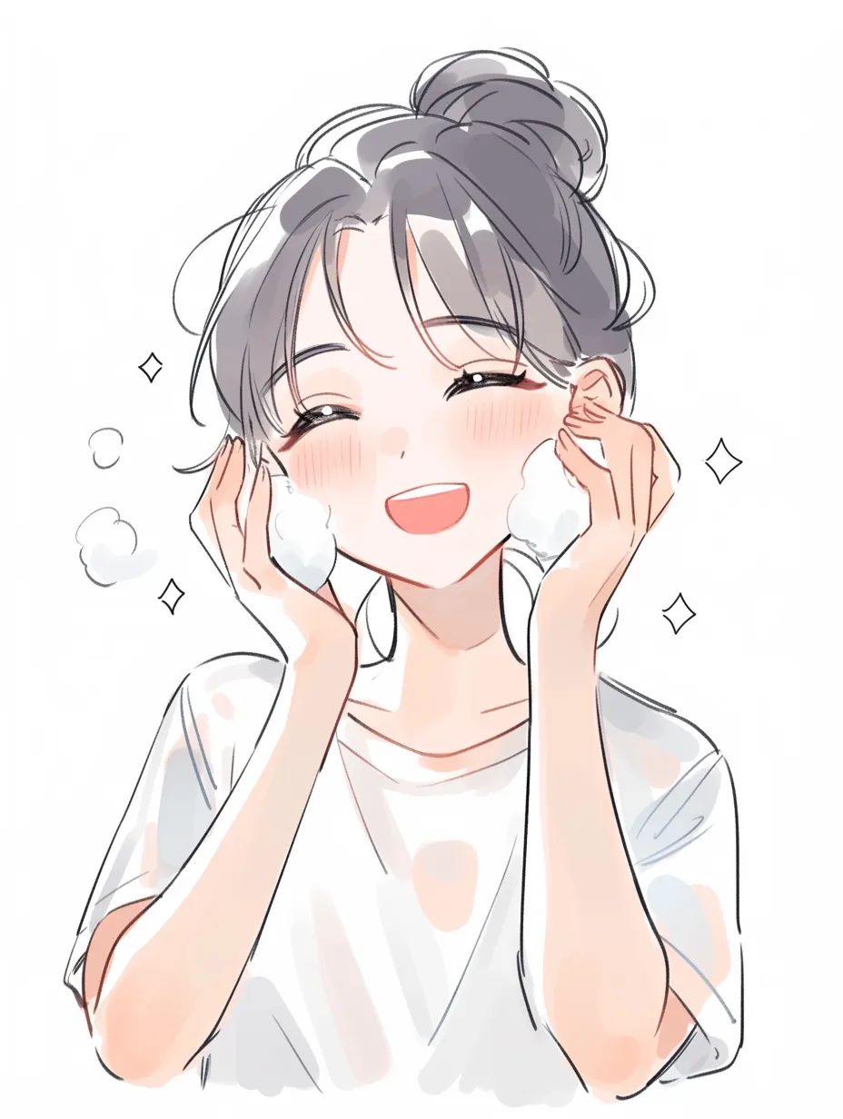 笑顔あふれる洗顔｜頬に泡をのせ、目を閉じて幸せそうに笑う女性の姿が描かれている。洗顔の泡と輝きを表す小さなモチーフが配置され、爽やかさと明るさを感じさせる一枚になっている。
