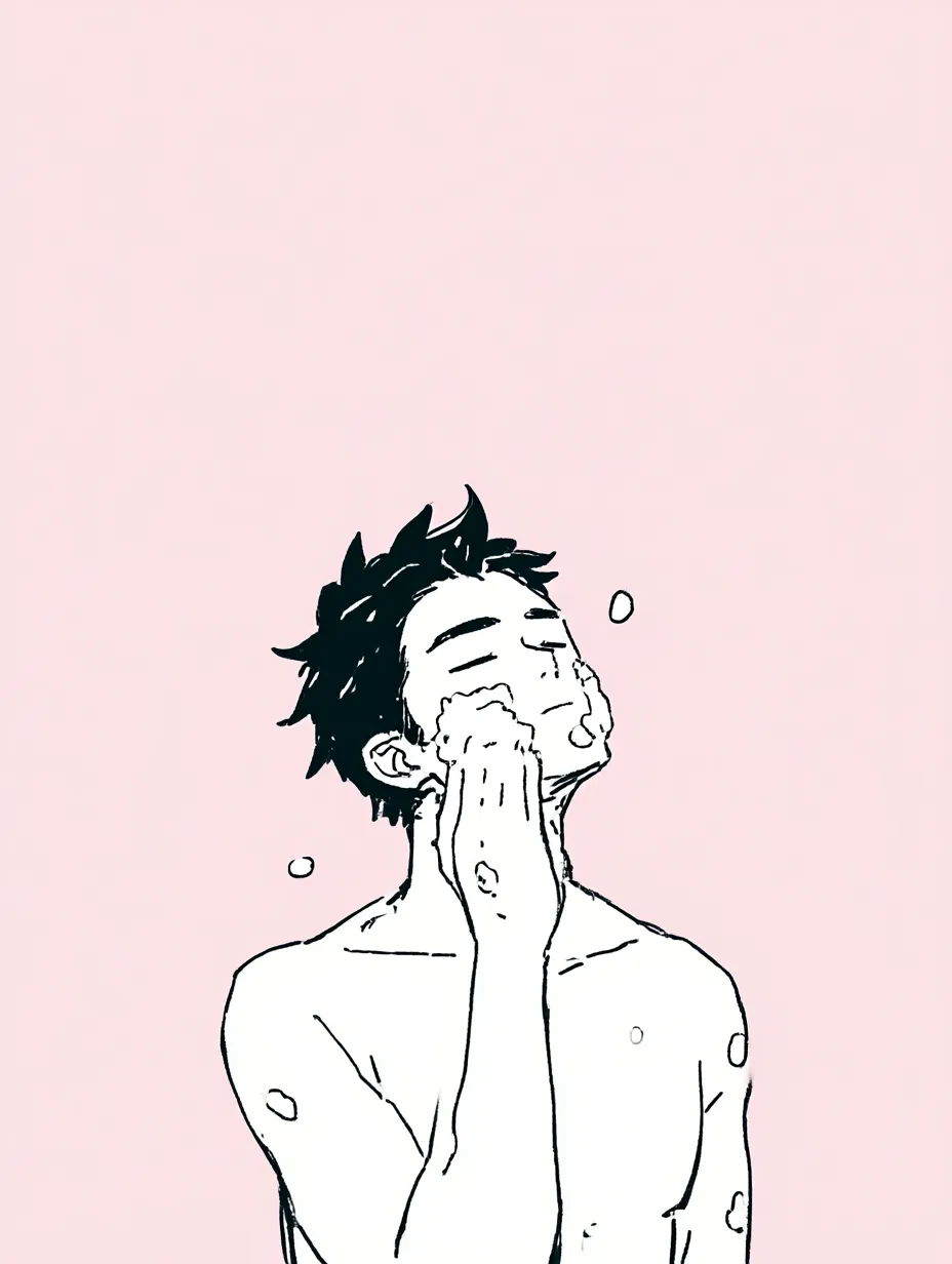 洗顔する男性の瞬間｜ピンクの背景に描かれた男性が目を閉じて泡を頬にあてる姿が印象的。力強い線と余白のシンプルさが、洗顔する男性の清潔感と爽快さを強調している。