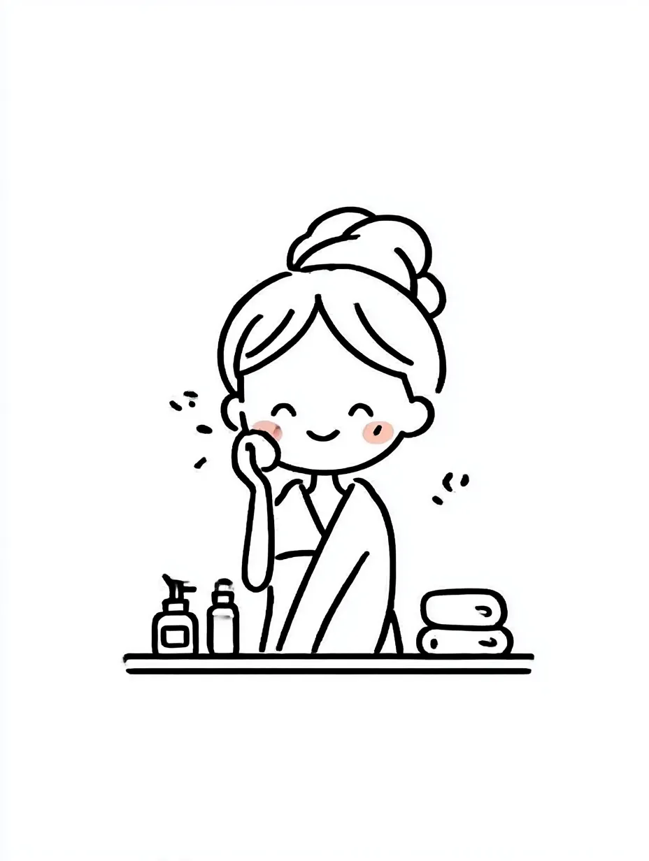 スキンケアタイム｜髪をまとめた女性が頬に手を添え、スキンケアを楽しむ瞬間が描かれている。ラインのやわらかさとほほえみが調和し、清潔感と安心感が表現されている。瓶やタオルが置かれた演出で日常感が際立つ。