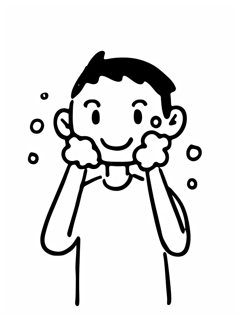 シンプルな洗顔男性｜モノクロ線画で描かれた男性が頬に泡をあてている。余計な装飾を排した表現が、洗顔男性の清潔さと明るさを際立たせている。