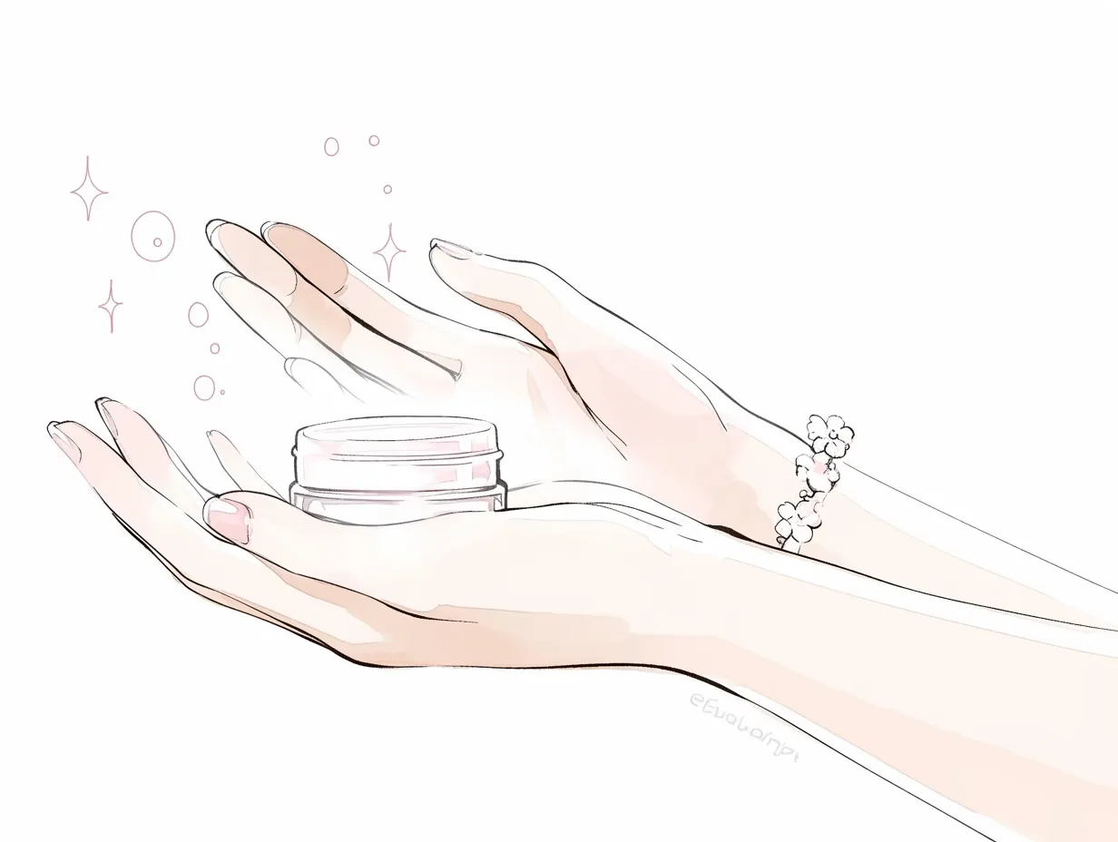 手元に宿る保湿の輝き｜両手で小さな瓶を支える姿が描かれ、保湿の大切さを象徴する構図となっている。淡いピンクのきらめきが柔らかさを添え、透明感のある肌と優雅な動きが清潔感を際立たせている。