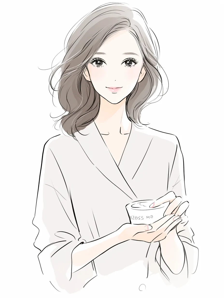 保湿クリームと優雅な朝｜保湿クリームを手にした女性の柔らかな笑顔が印象的で、シンプルな線と淡い色調が清潔感を漂わせる構成。容器の持ち方や指先の表現が繊細で、日常に溶け込む上品さを感じさせる。