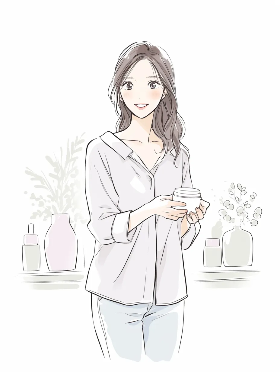 保湿クリームのある暮らし｜保湿クリームを持つ女性がリラックスした雰囲気で立つ構図。背景の瓶や花がナチュラルな印象を引き立て、軽やかな線と淡彩が日常のやわらかなひとときを丁寧に描き出している。