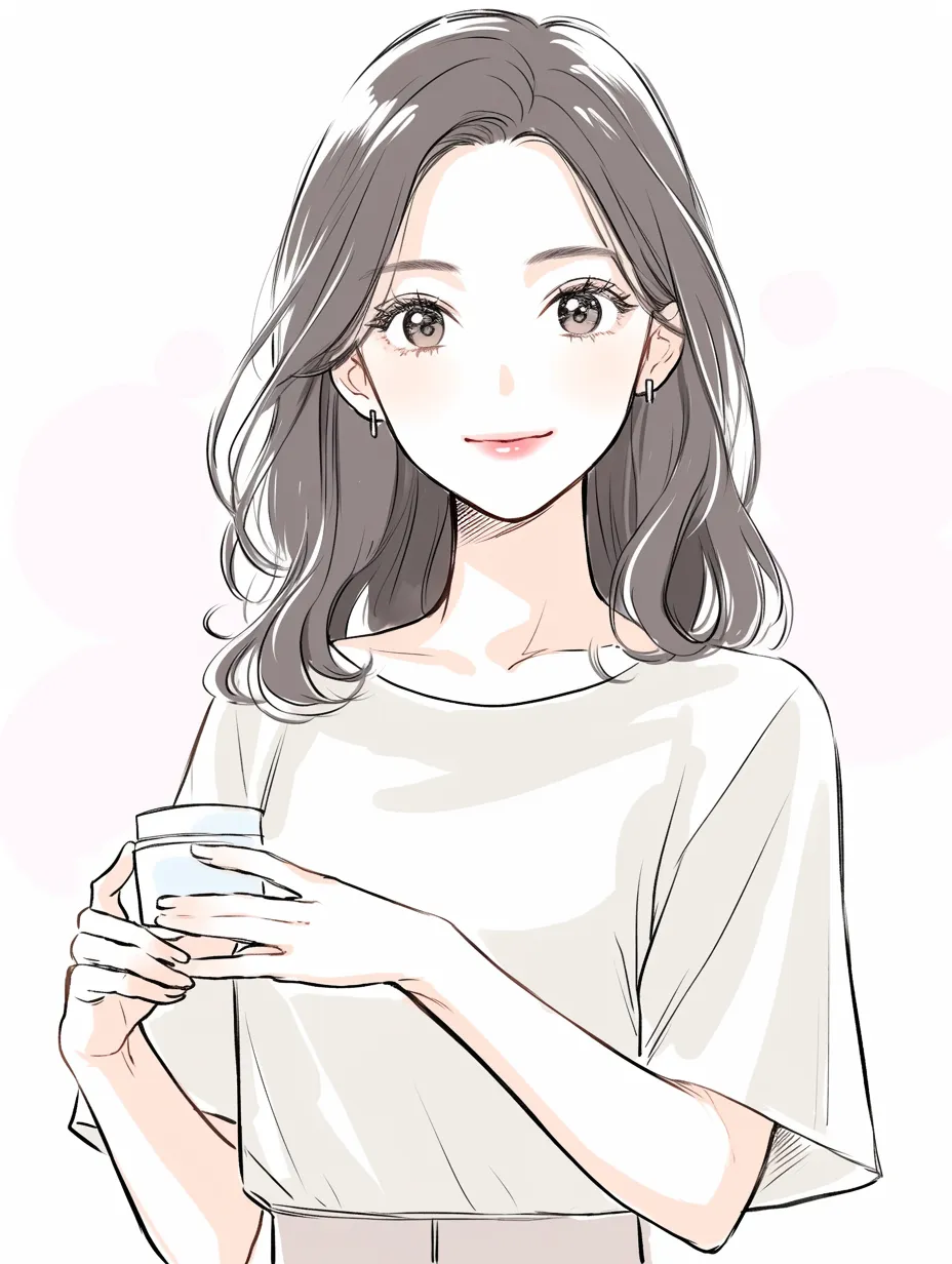 保湿クリームと微笑み｜女性が保湿クリームを手に自然な笑顔を浮かべる場面。透明感のある肌表現とやわらかな髪の流れが調和し、シンプルな背景と控えめな配色が清楚で爽やかな印象を際立たせている。