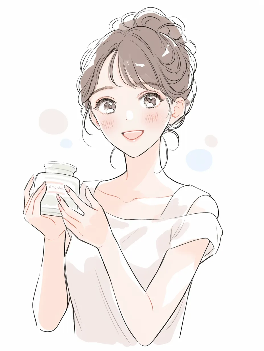 保湿クリームときらめく瞳｜保湿クリームを掲げる女性の大きな瞳と弾むような笑顔が魅力的。ラフな髪型や明るい服装が軽快さを生み、シンプルな線描と柔らかな陰影が若々しい輝きを感じさせる構図になっている。