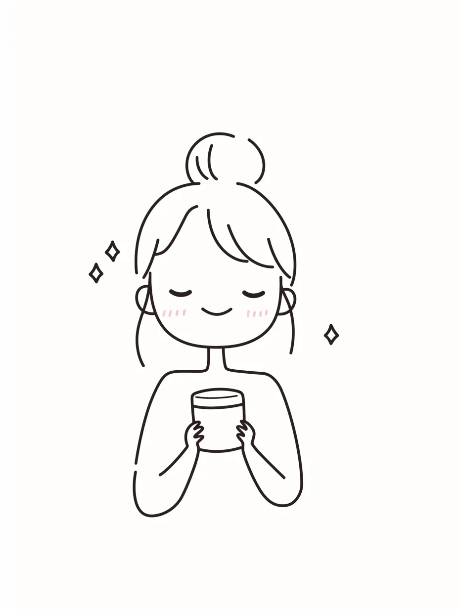 保湿クリームと線画の表情｜シンプルな線画で描かれた女性が保湿クリームを手に嬉しそうな表情を見せる。頬の赤みと小さな輝きがワンポイントとなり、最小限の要素で温かさと幸福感を伝えているのが特徴。