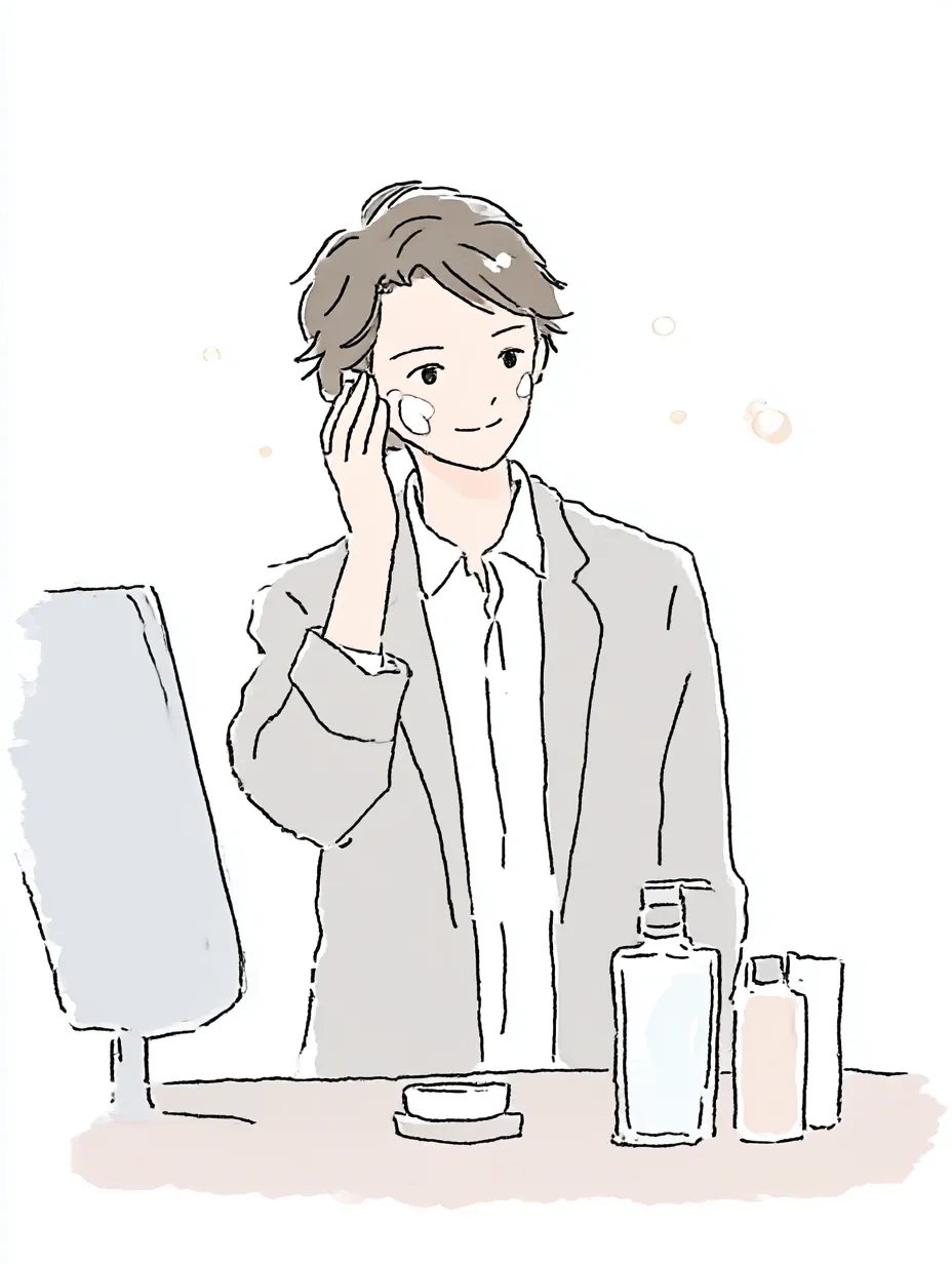 保湿クリーム男性の身だしなみ｜鏡の前で保湿クリーム男性が肌にクリームを広げる様子が描かれ、整えられた髪とシャツ姿が爽やかさを際立たせる。淡い色調と軽やかな線が日常の丁寧さを表現している。