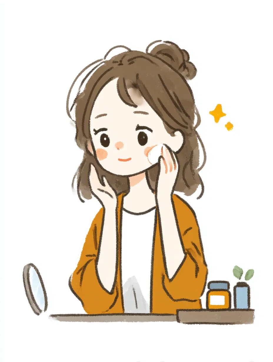 スキンケアのきらめき｜女性が鏡の前で頬をやさしく押さえる様子が描かれ、星のマークがきらめきを添えている。スキンケアを通じて輝きを増す表情が、日常の一場面でありながら特別な瞬間として引き立てられている。