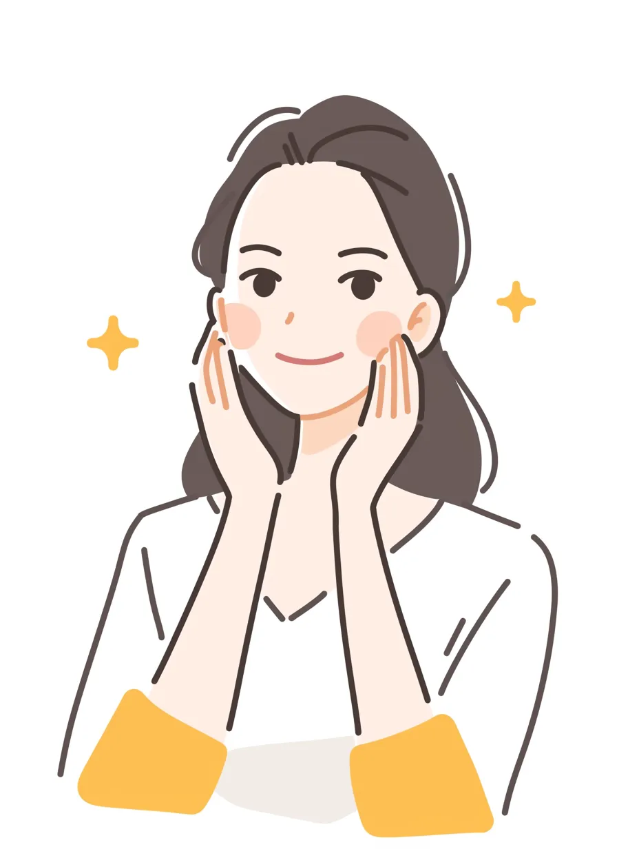 保湿で輝く顔｜両手で頬を包み込む仕草により、保湿によってもたらされた顔のやわらかな質感が強調されている。きらめきの効果が肌の潤いを視覚的に伝え、明るく健康的な印象を与えている。