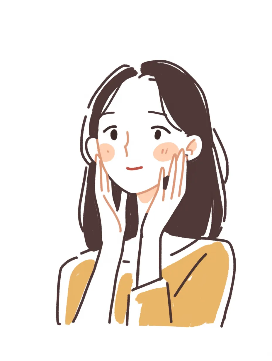 保湿の整った顔｜シンプルな線と落ち着いた色合いで描かれた女性が、両手を顔に添えることで保湿の効果を自然に示している。全体の淡いトーンが透明感を生み、やさしげな雰囲気を引き立てている。