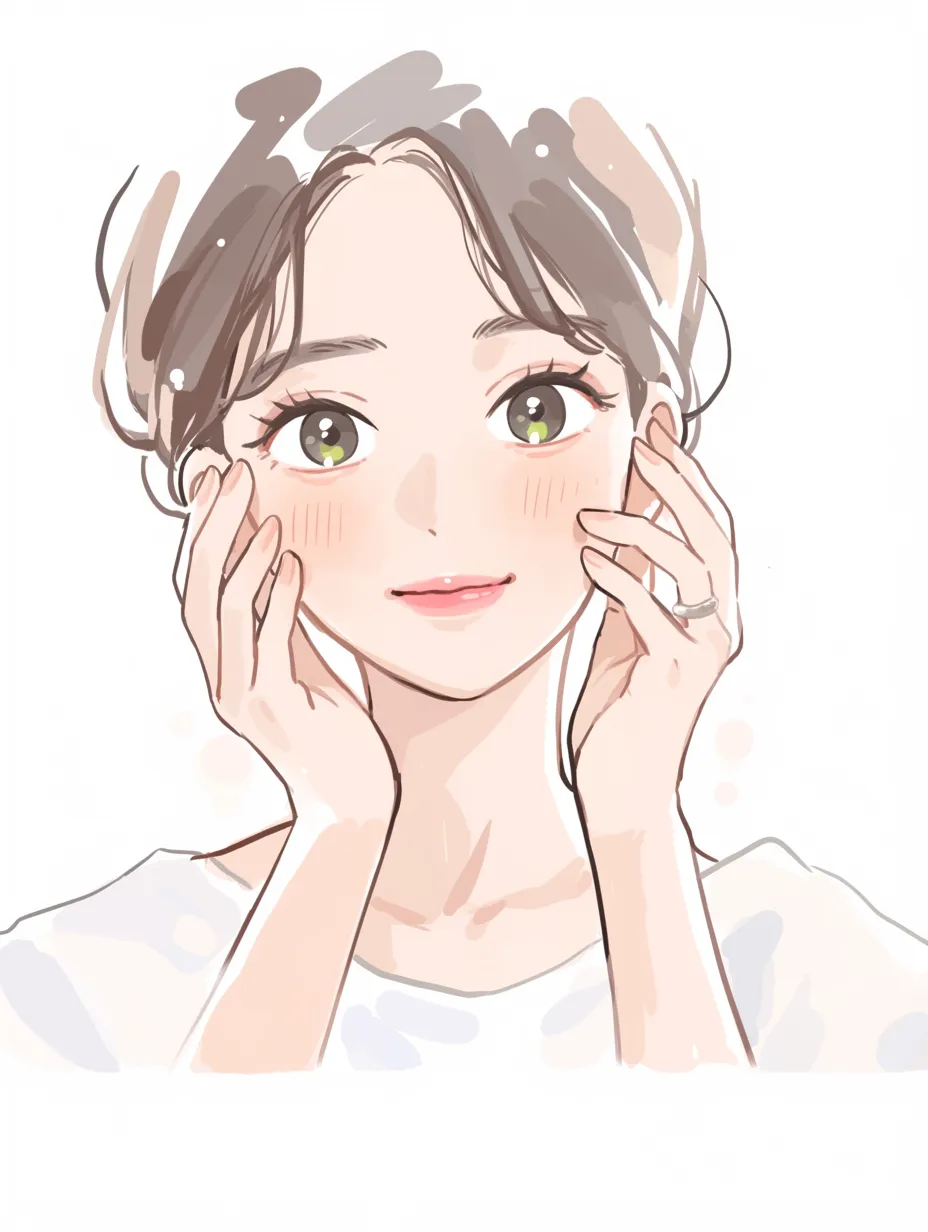 保湿が映す顔｜正面から描かれた表情に、保湿による顔の明るさと柔らかさが宿っている。瞳の輝きや頬の赤みが潤いを視覚的に補強し、健康的で親しみやすい印象を与えている。