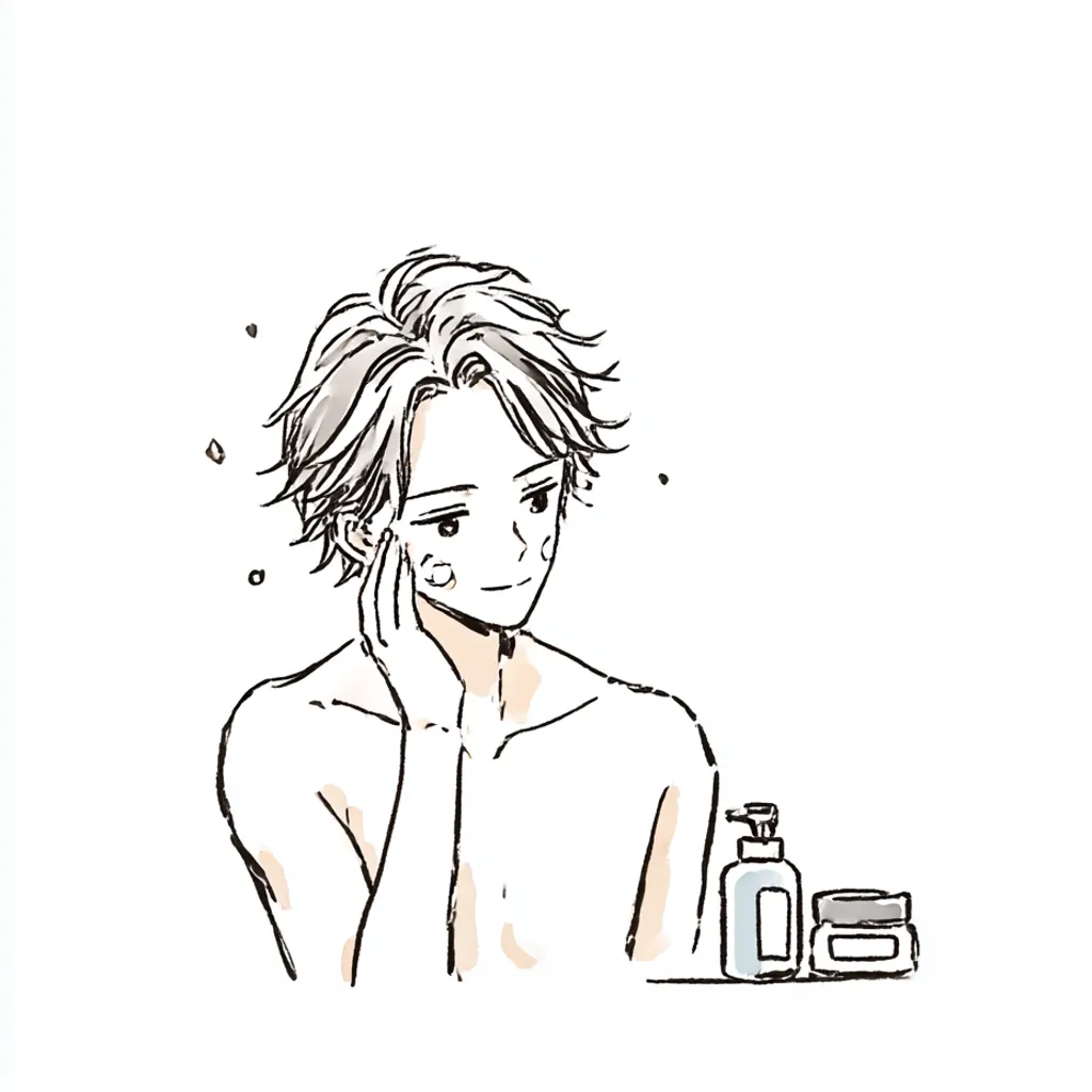 スキンケア男性の笑顔｜シンプルな線で描かれた男性が頬にクリームをのせる姿が愛らしく、スキンケア男性ならではの柔らかい雰囲気が表現されている。小瓶や泡のモチーフが軽快さを添え、清潔感と親しみやすさを感じさせる。