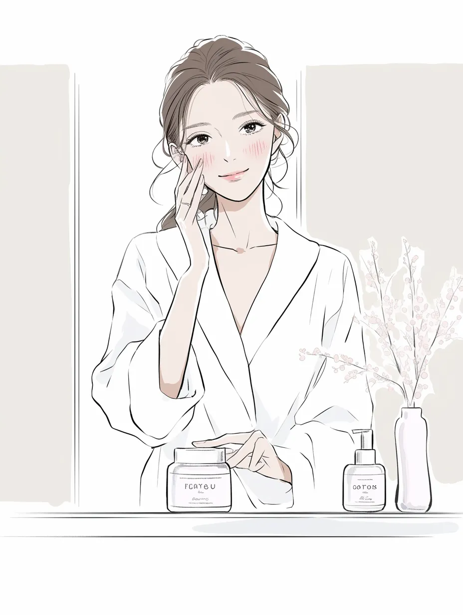 化粧水と整う肌｜洗面台で化粧水を手にする姿が描かれ、日常の中で肌を整えるひとときが切り取られている。背景の小物や花の演出が清潔で上品な印象を与え、潤いある肌の存在感を高めている。