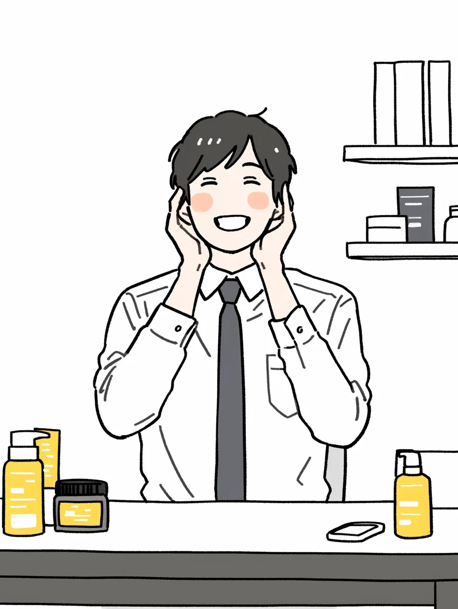 化粧水で潤う男性｜スーツ姿の男性が頬に触れる様子は、化粧水の潤いを自然に映し出している。背景の棚や整えられたアイテムが清潔な生活感を与え、仕事と美容の両立を印象づける仕上がりとなっている。