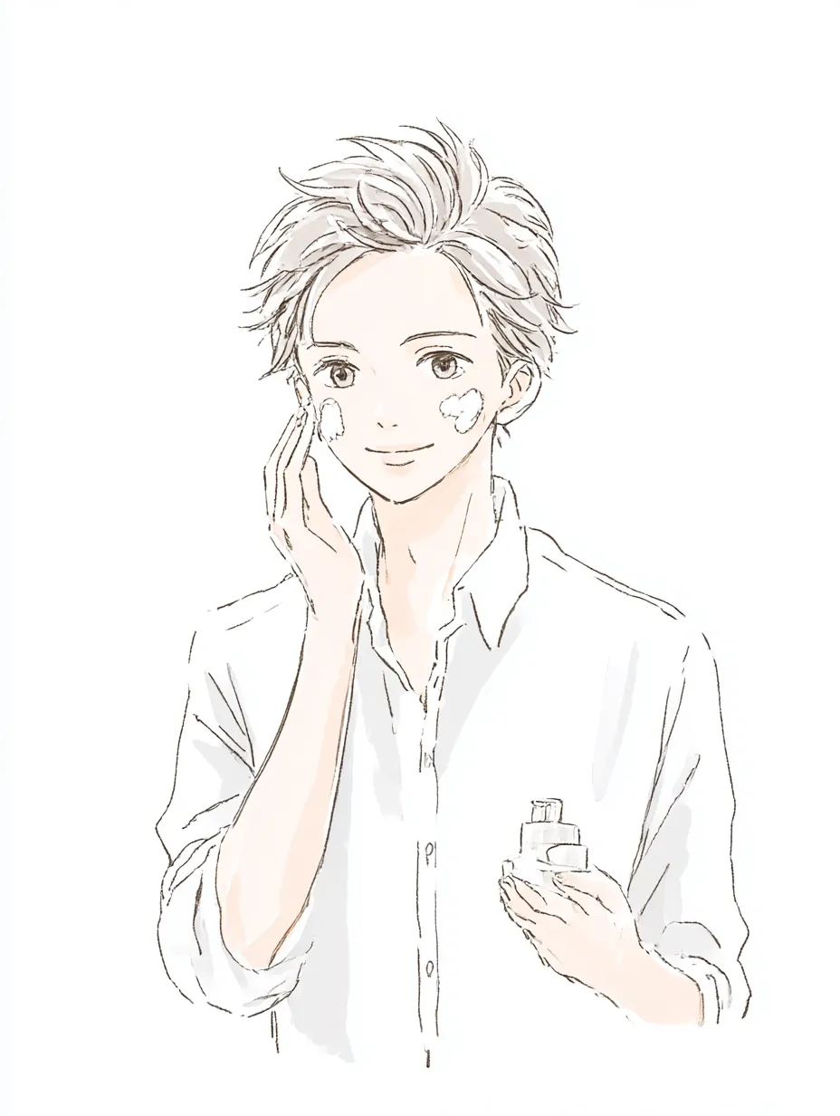 スキンケア男性の時間｜髪をまとめた男性が頬に手を添える姿が描かれ、スキンケア男性の丁寧さが際立つ。ボトルやタオルが配置され、日常感とともに落ち着いた空気が漂う。線のやわらかさが温かい印象を与えている。