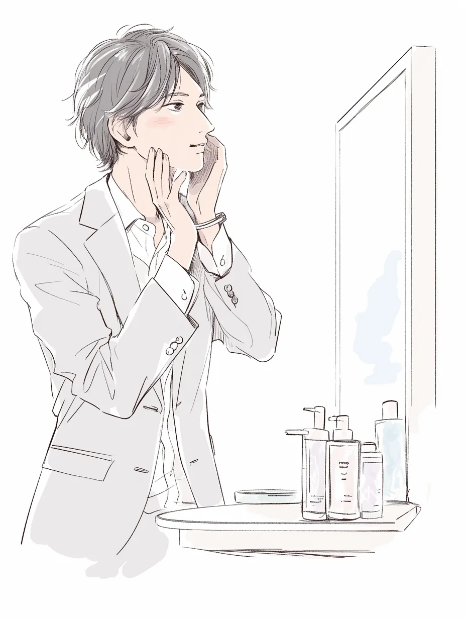 化粧水を使う男性｜スーツ姿の男性が鏡の前で化粧水を馴染ませるシーンが描かれている。整った仕草と柔らかな頬の赤みが潤いを伝え、清潔感と落ち着いた大人の雰囲気が広がっている。
